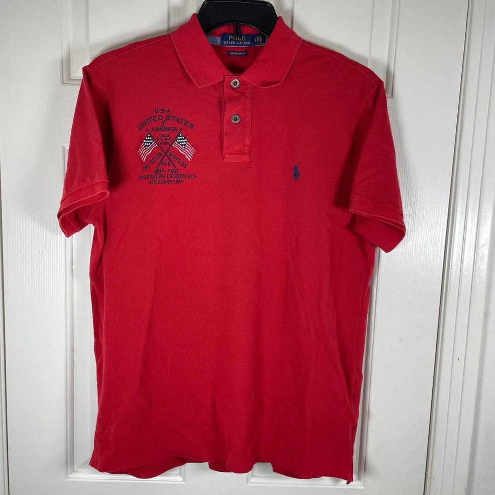Polo Ralph Lauren USA Flag Eagle Polo Shirt Red Patriotic July 4th Men's XL New